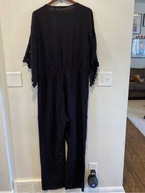 Soft surroundings 100% viscose eyelet sleeve black romper jumpsuit size large